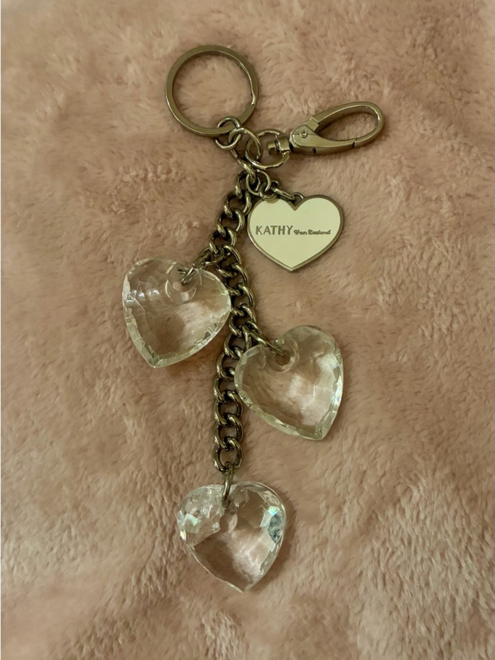 Kathy Van Zeeland Gold Tone Keychain with Clear Heart Charms